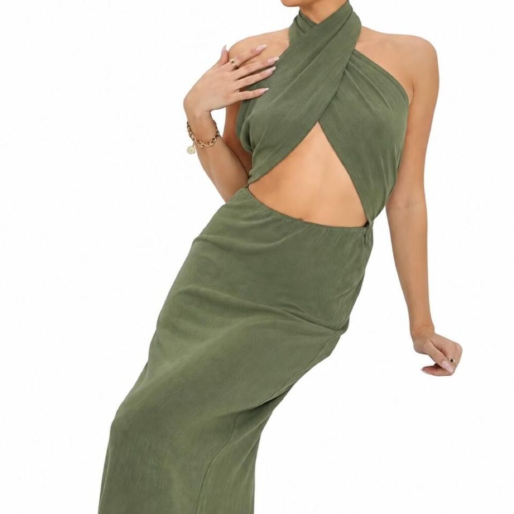 Forever 21 Olive green halter neck midi dress with cut out detail